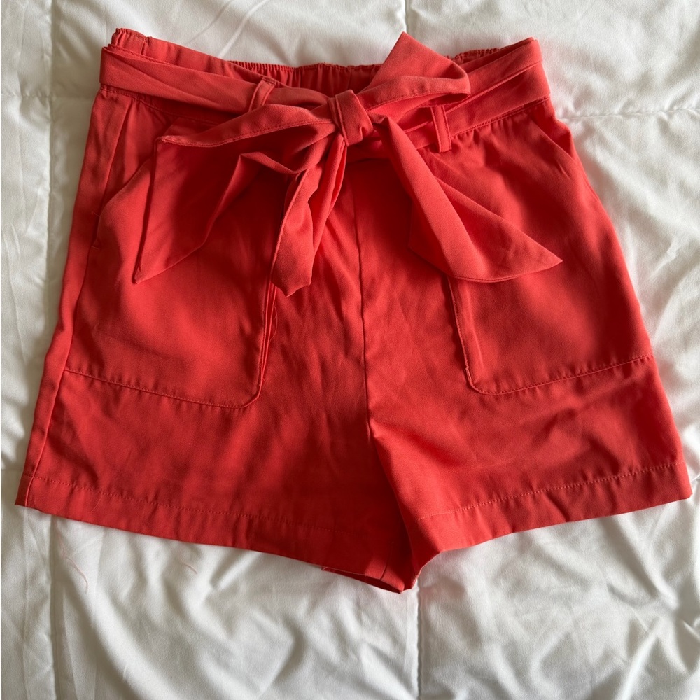 Vibrant Coral High-Waist Tie Shorts